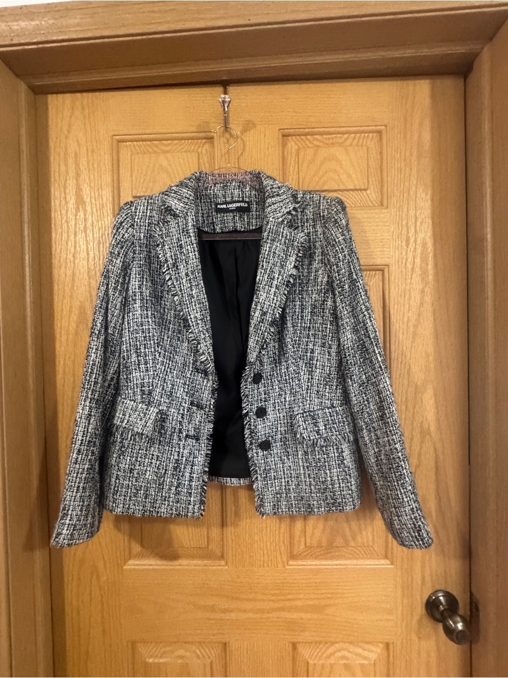 Karl Lagerfeld Paris Textured Bouclé Tweed Jacket Raw Fringe Trim 3-Button